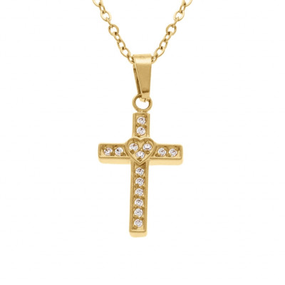 COLLIER ACIER DORÉ PENDENTIF CROIX DROITE 15 X 10MM AVEC COEUR OXYDES BLANCS SERTIS 42+5CM