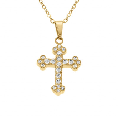 COLLIER ACIER DORÉ PENDENTIF CROIX STYLISÉ 15 X 12MM OXYDES BLANCS SERTIS 42+5CM