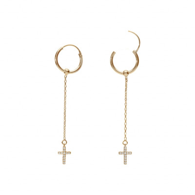 CRÉOLES ARGENT DORÉ 15MM CHAINETTE ET CROIX OXYDES BLANCS