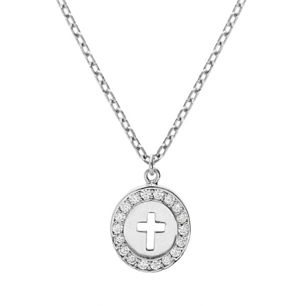 COLLIER ARGENT RHODIÉ PENDENTIF OVALE CROIX CONTOUR OXYDES BLANCS SERTIS 40+5CM