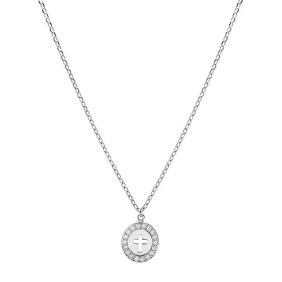 COLLIER ARGENT RHODIÉ PENDENTIF OVALE CROIX CONTOUR OXYDES BLANCS SERTIS 40+5CM