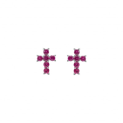 BOUCLES D'OREILLES TIGE ARGENT RHODIÉ PENDENTIF CROIX OXYDES FUSHIA