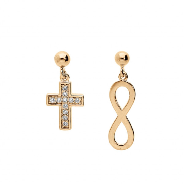 BOUCLES D'OREILLES TIGE PLAQUÉ OR 1 INFINI ET 1 CROIX OXYDES BLANCS SERTIS 