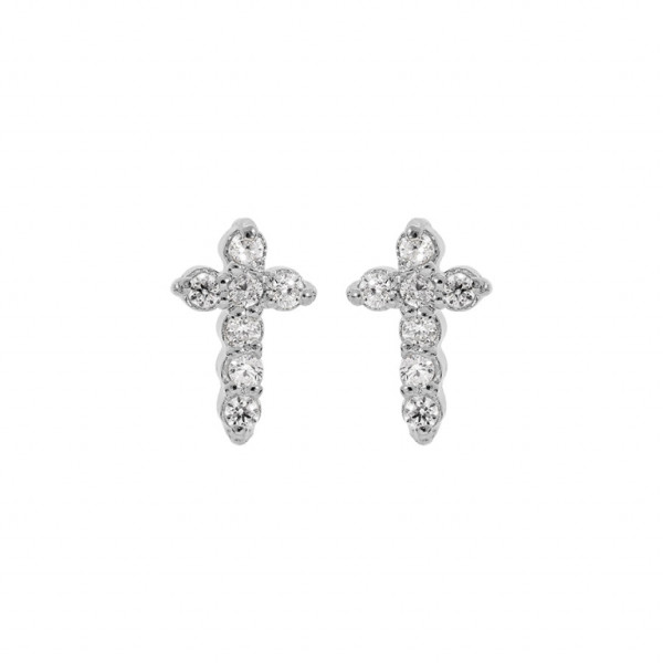 BOUCLES D'OREILLES TIGE ARGENT RHODIÉ PUCES CROIX OXYDES BLANCS SERTIS