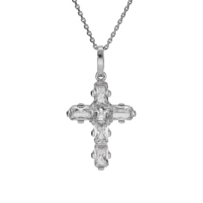 COLLIER ARGENT RHODIÉ PENDENTIF CROIX OXYDES BLANCS 38+5CM