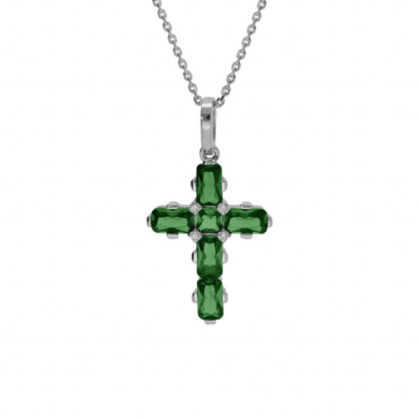 COLLIER ARGENT RHODIÉ PENDENTIF CROIX OXYDES VERTS 38+5CM 