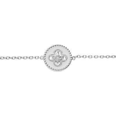 BRACELET ARGENT RHODIÉ PASTILLE RÉSINE BLANCHE CROIX OXYDES BLANCS SERTIS 16+2CM 
