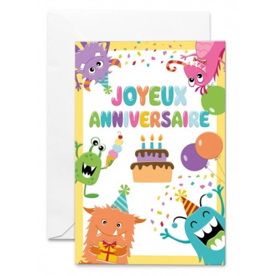 Carte Double Animaux joyeux, ballons et gâteau d'anniversaire