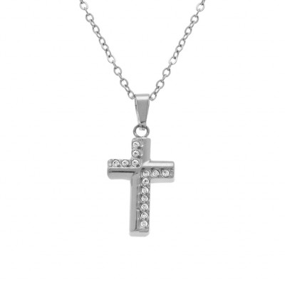 COLLIER ACIER PENDENTIF CROIX 15 X 10MM OXYDES BLANCS SERTIS 42+5CM