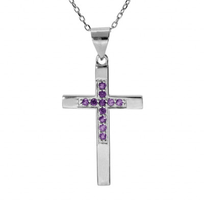 COLLIER ARGENT RHODIÉ PENDENTIF CROIX OXYDES VIOLET 40+4CM 