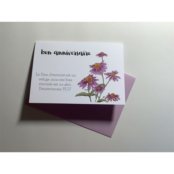 Carte Double Anniversaire - Echinacée verset Deutéronome 33v27
