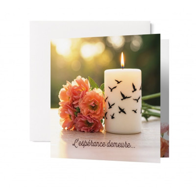 Carte double carrée Condoléances Bougie Blanche Fleurs et Oiseaux