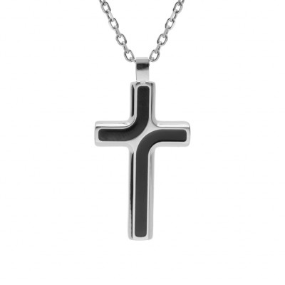 COLLIER ACIER CHAINE FORCAT AVEC PENDENTIF CROIX 35 x 25MM ET RESINE NOIRE 55+5C