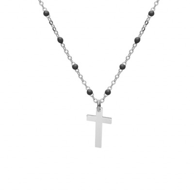 COLLIER ARGENT RHODIE BOULES RÉSINE NOIRES AVEC CROIX 40+5CM