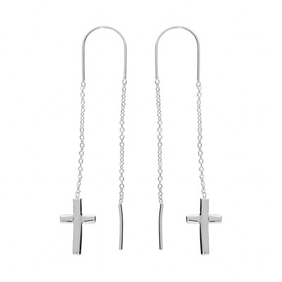 BOUCLES D'OREILLES ARGENT RHODIÉ 2 PENDANTS CHAINETTE CROIX 
