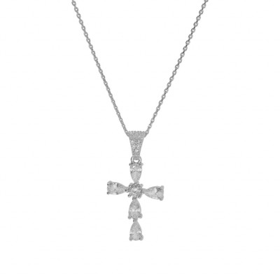 COLLIER ARGENT RHODIÉ PENDENTIF CROIX OXYDES BLANCS 38+5CM