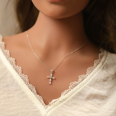 COLLIER ARGENT RHODIÉ PENDENTIF CROIX OXYDES BLANCS 38+5CM