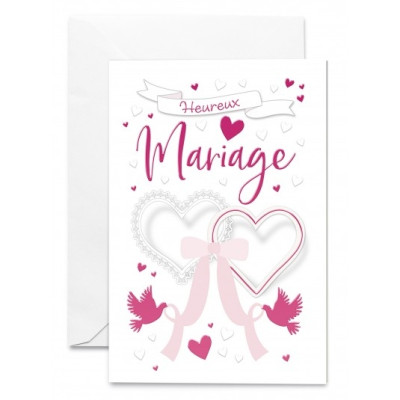 Carte double "Heureux Mariage" Coeurs attachés, tenus par deux colombes.