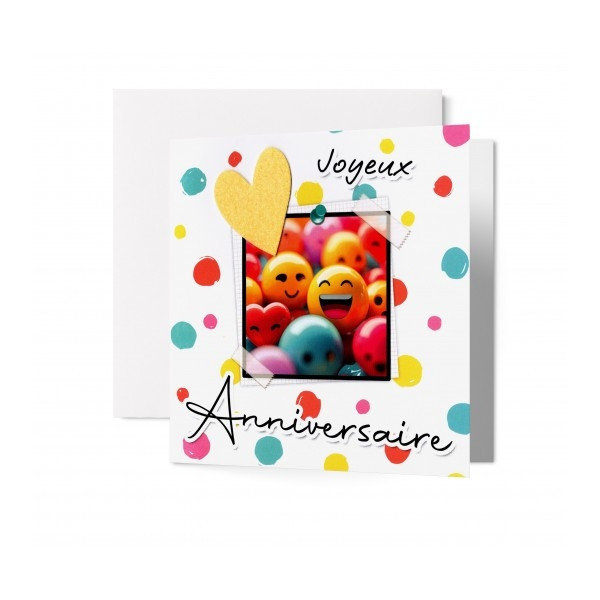Carte Double Anniversaire Emojis colorés, coeur jaune feutrine