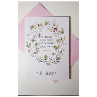 Carte Double Merci Beaucoup-Couronne Fleurs Roses Matthieu 5v7