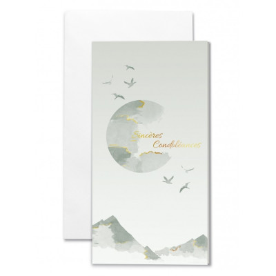 Carte double "Sincères Condoléances", Oiseaux dans le ciel et Lune au-dessus de montagnes.