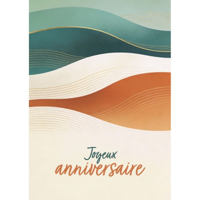 Carte Anniversaire Vagues beiges et turquoises avec dorures