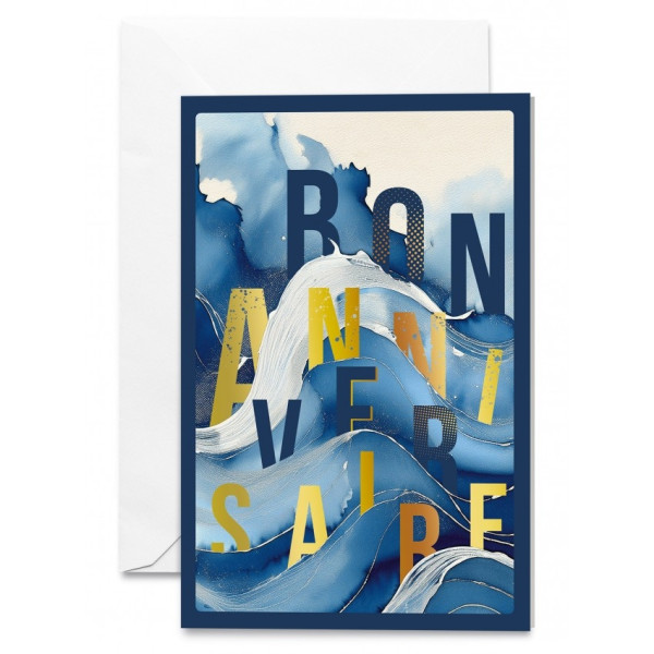Carte double Bon Anniversaire Vagues et Lettres dorées
