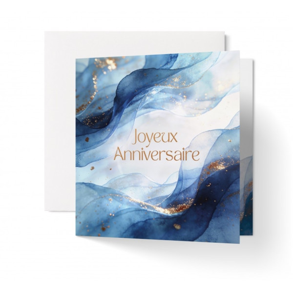 Carte Double Anniversaire Ondulations bleues et paillettes dorées