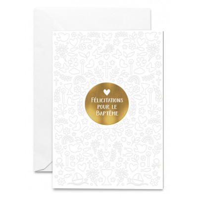 Jolie carte double "Félicitations pour le Baptême" Motifs gris sur fond blanc et rond doré avec cœur.