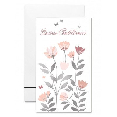 Carte double "Sincères Condoléances", Fleurs roses et papillons sur fond blanc.