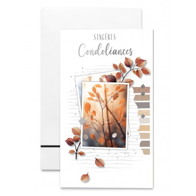 Carte double "Sincères Condoléances", Branches d'arbres et photos.