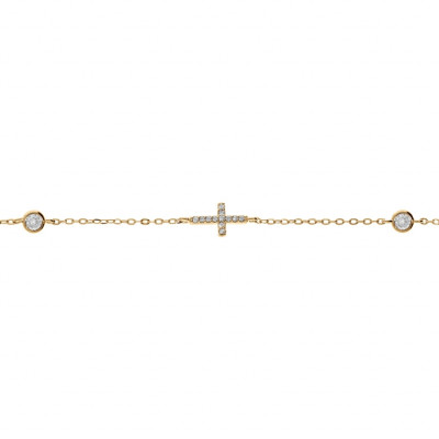 BRACELET ARGENT DORÉ 2 OXYDES BLANCS SERTIS CLOS AVEC CROIX OXYDES BLANCS SERTIS 16+3CM 
