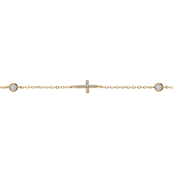 BRACELET ARGENT DORÉ 2 OXYDES BLANCS SERTIS CLOS AVEC CROIX OXYDES BLANCS SERTIS