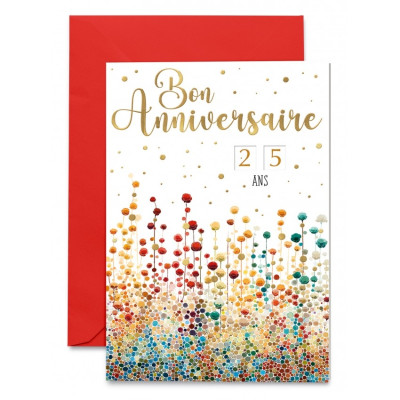 Jolie carte double avec tirettes pour l'âge "Bon Anniversaire", Champ de coton multicolore.