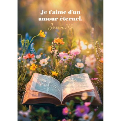 Carte Avec Verset Bible posée dans un champ de fleurs