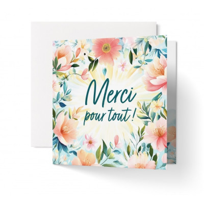 Jolie carte double fond floral aquarelle Merci pour tout.