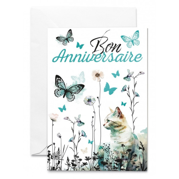 Carte double "Chat blanc et papillons"  Bon anniversaire.