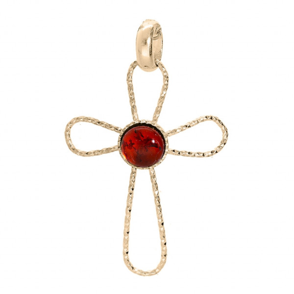 PENDENTIF PLAQUÉ OR CROIX CABOCHON AMBRE VERITABLE